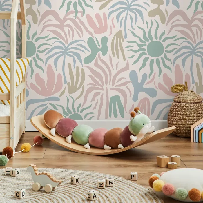 Abstract Wallpaper With Stylized Sun And Palm Shapes In Pink, Green, And Blue – D249