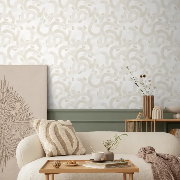 Abstract Wallpaper With Wavy Brushstroke Lines In Beige And White – C880