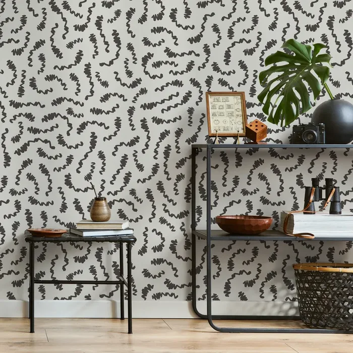 Abstract Wallpaper With Wavy Lines In Charcoal And Light Grey – C709