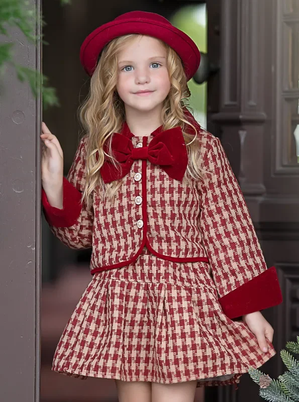 Adorable Red Velvet and Plaid Jacket and Skirt Set