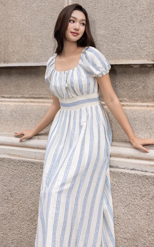 Alayna Vertical Stripes Nursing Dress in Blue
