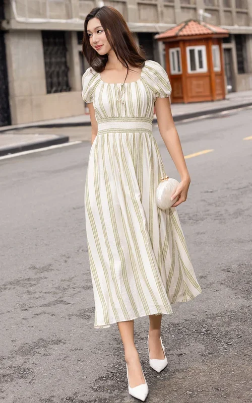 Alayna Vertical Stripes Nursing Dress in Green