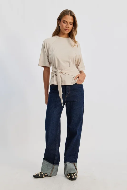Alia Waist-Tie Box-Cut Tee – Stone