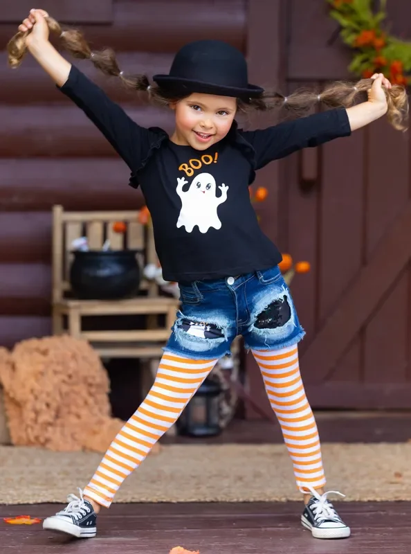 All Boo’d Up Top, Patched Denim Shorts, and Legging Set