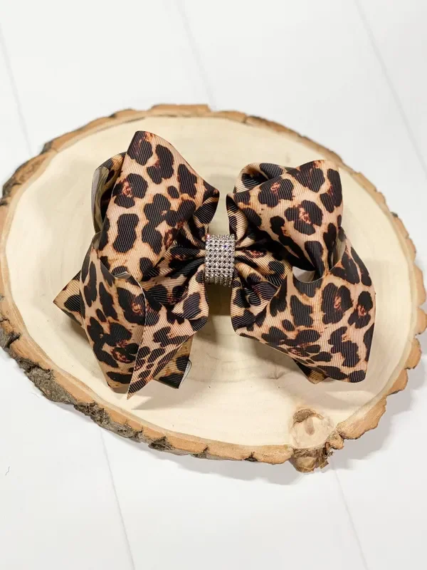 Animal Print Rhinestone Center Bow (Alligator Clip) 6 “