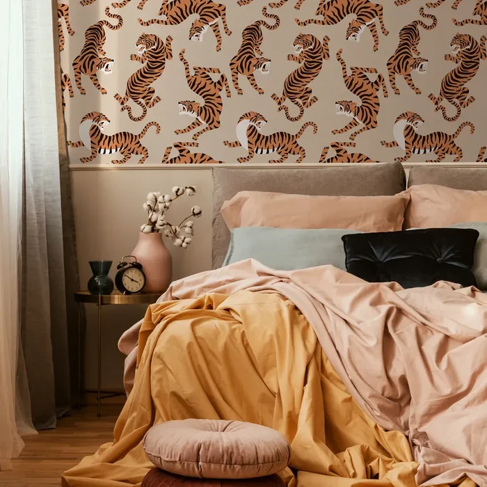 Animal Print Wallpaper Featuring Stylized Tigers In Beige, Orange, And Black – Zack
