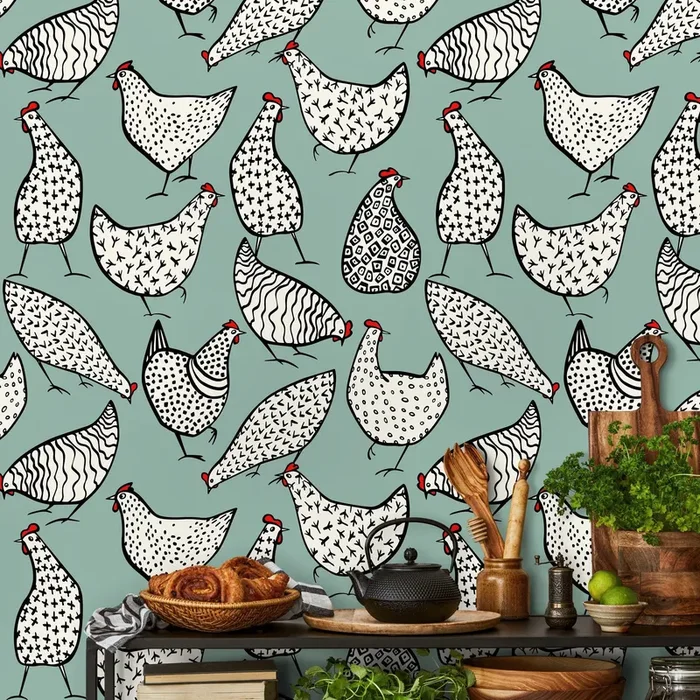 Animal Wallpaper Featuring Stylized Chickens In Sage Green, Black, And Red – B330