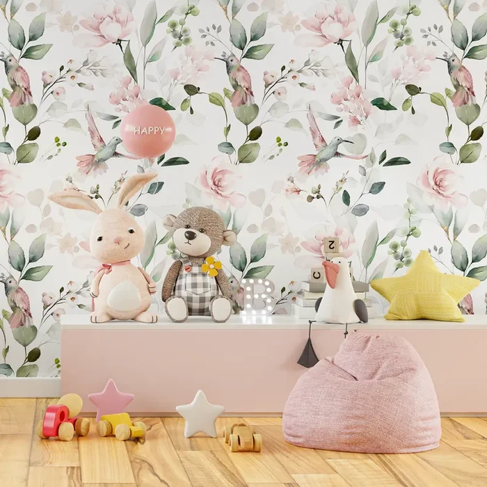 Animal Wallpaper With Hummingbirds And Flowers In Pink And Green – C353