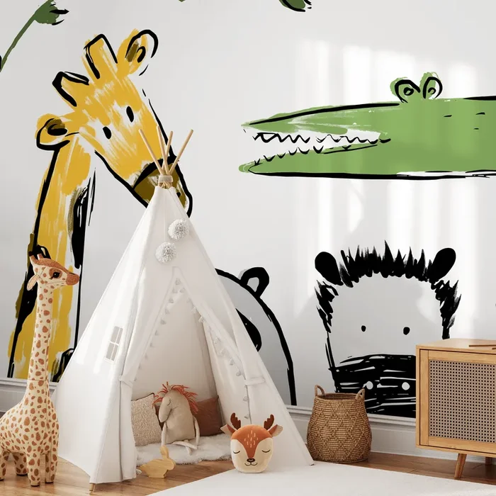 Animal Wallpaper With Sketchy Safari Animals In Yellow, Green, And Gray – B720