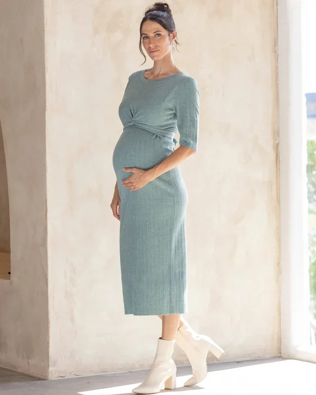Annabella Knit Maternity Midi Dress in Sage Green