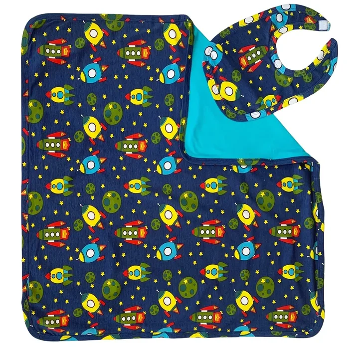 Annloren Baby Toddler Boy Space Ship Blanket & Bib Gift Set 2 Pc Knit Cotton