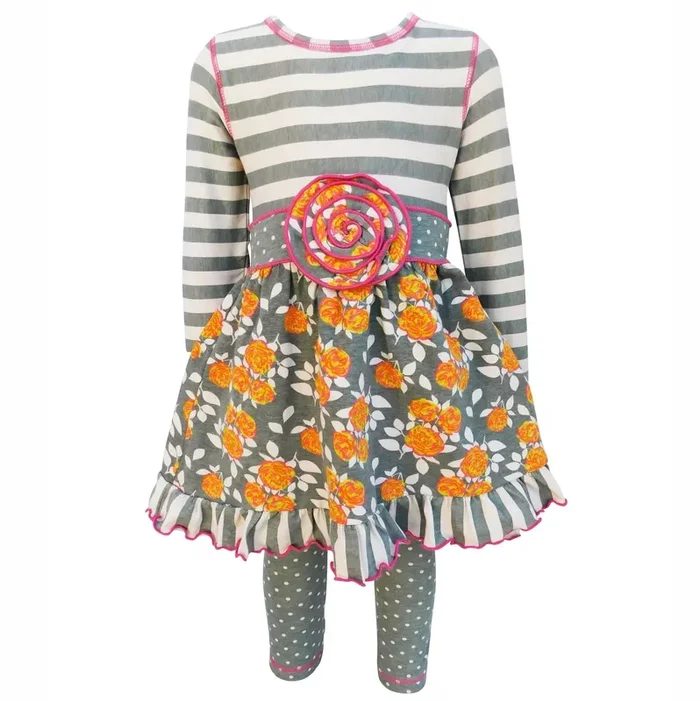 Annloren Boutique Grey Floral & Striped Dress & Polka Dot Leggings Clothing Set