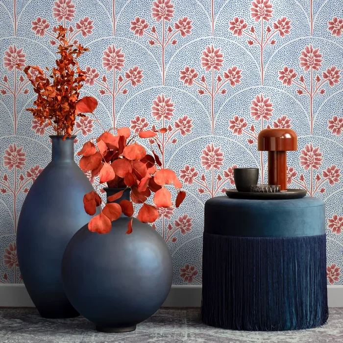 Art Deco Floral Wallpaper With A Stylized Fan Motif In Red And Blue – C779