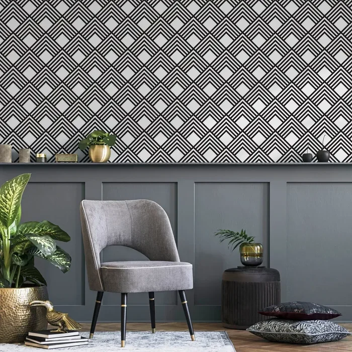 Art Deco Wallpaper With A Bold Chevron Motif In Black And White – B084