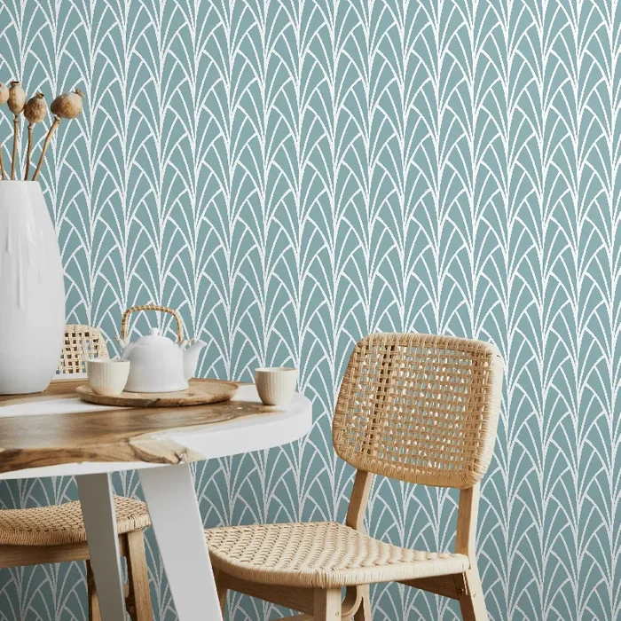 Art Deco Wallpaper With A Fanning Fronds Motif In Blue And White – A928