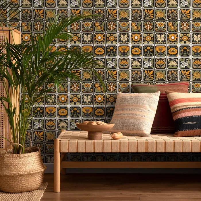 Art Deco Wallpaper With A Floral Tile Motif In Black, Gold, And Green – C215