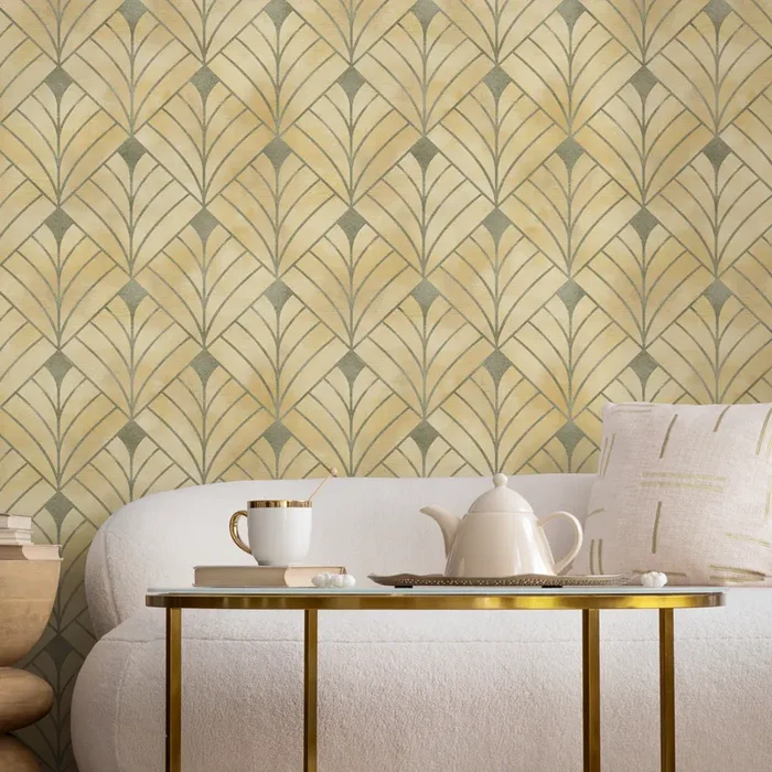 Art Deco Wallpaper With A Geometric Fan Motif In Gold And Sage Green – C722
