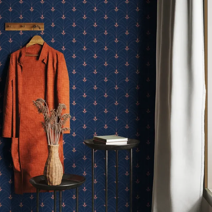 Art Deco Wallpaper With A Geometric Fan Motif In Navy Blue And Copper – A930