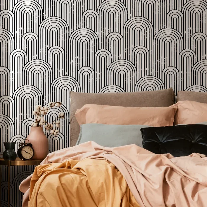 Art Deco Wallpaper With A Repeating Arch Motif In Black And White – C014