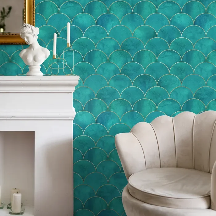 Art Deco Wallpaper With A Scallop Motif In Teal, Blue, And Gold – B015