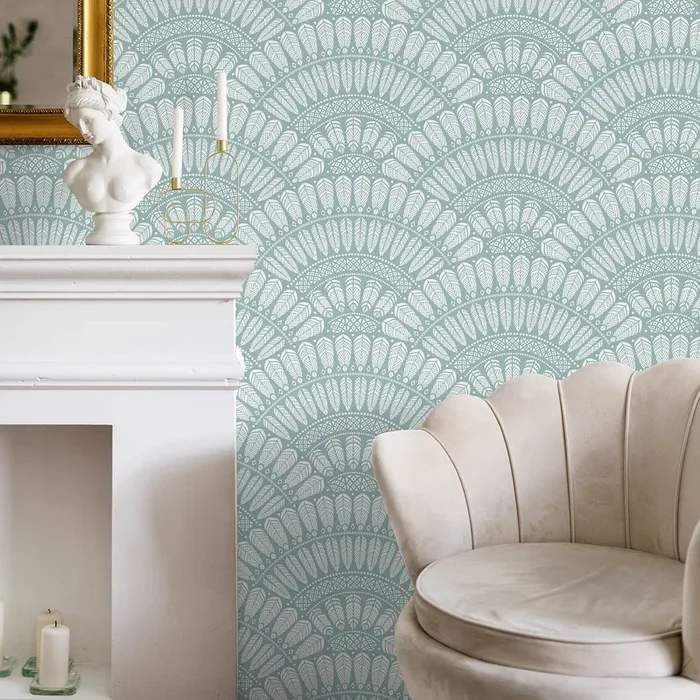 Art Deco Wallpaper With A Scalloped Feather Motif In Sage Green And White – A577