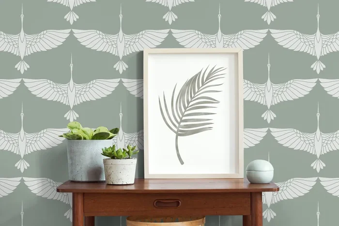 Art Deco Wallpaper With A Stylized Crane Motif In Sage Green And White – D084