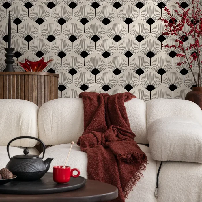Art Deco Wallpaper With A Stylized Fan Motif In Black And Beige – C216