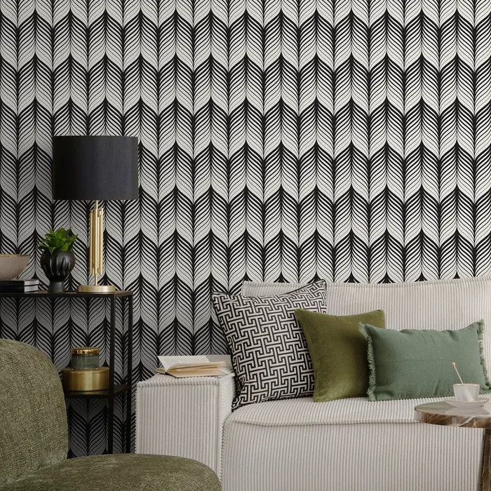 Art Deco Wallpaper With A Stylized Feather Motif In Black And White – D967
