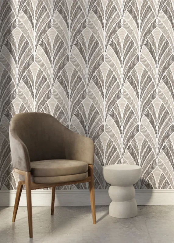 Art Deco Wallpaper With A Textured Fan Motif In Beige And Taupe – D017