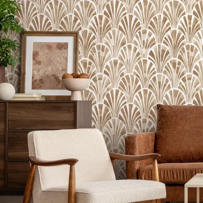 Art Deco Wallpaper With A Watercolor Fan Motif In Brown And White – C806