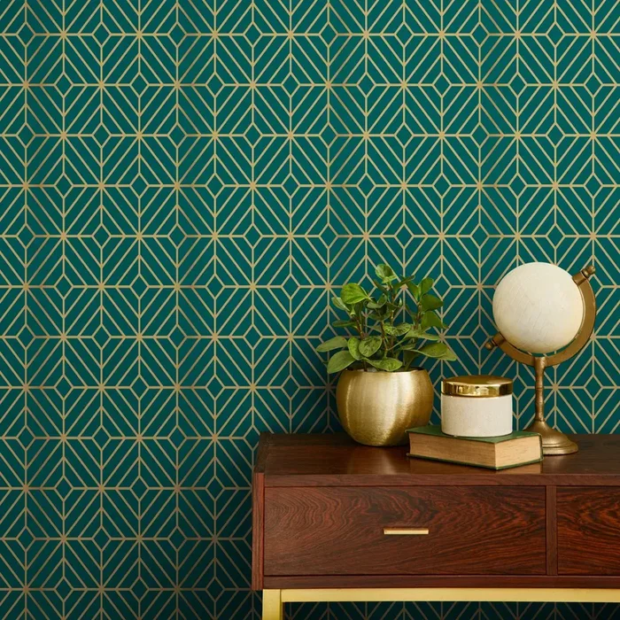 Art Deco Wallpaper With Bold Geometric Lines In Green And Yellow – B496