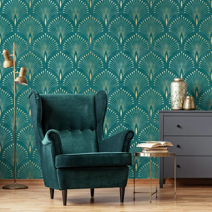 Art Deco Wallpaper With Geometric Palm Fronds In Teal And Gold – C011