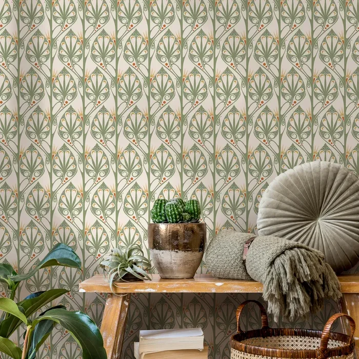 Art Deco Wallpaper With Stylized Botanicals In Green And Orange – C437