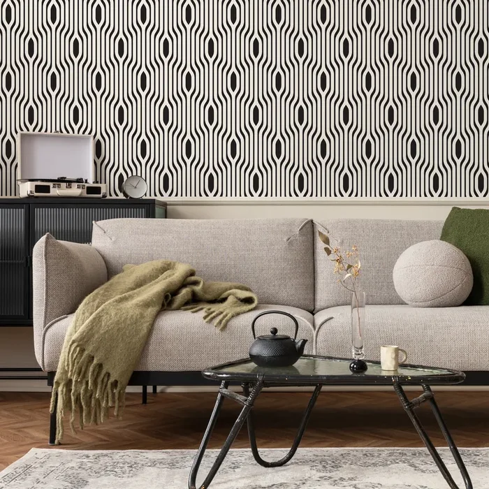 Art Deco Wallpaper With Wavy Vertical Lines In Black And White – C304