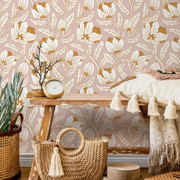 Art Nouveau Wallpaper With A Stylized Floral Motif In Pink, Cream, And Gold – C695