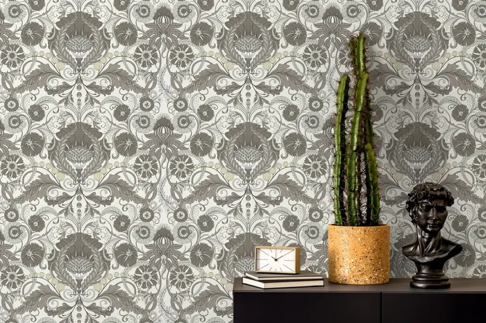 Art Nouveau Wallpaper With An Intricate Damask Motif In Gray And Pale Yellow – D409