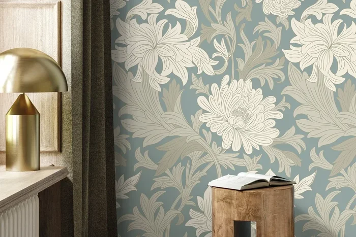 Art Nouveau Wallpaper With Chrysanthemums In Blue, Cream, And Taupe – D187