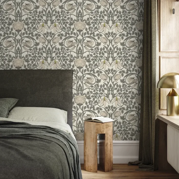 Art Nouveau Wallpaper With Floral Vines In Gray, Pink, And Yellow – D478