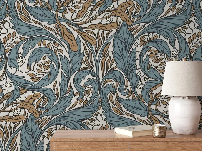 Art Nouveau Wallpaper With Ornamental Acanthus Vines In Blue And Brown – D489