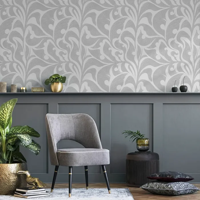 Art Nouveau Wallpaper With Swirling Abstract Foliage In Light Gray And Gray – C621