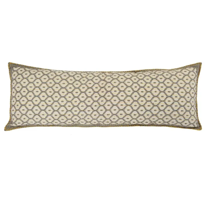 Artisan Hand Loomed Cotton Lumbar Pillow – Gray Yellow Stitching – 16 “x48 “