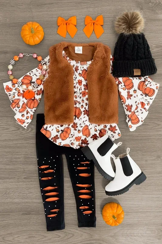 Autumn Leaves & Pumpkins Fur Vest Set – 3 Piece