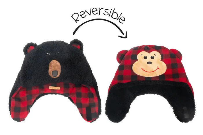 Baby/kids Reversible Sherpa Hat – Black Bear/monkey