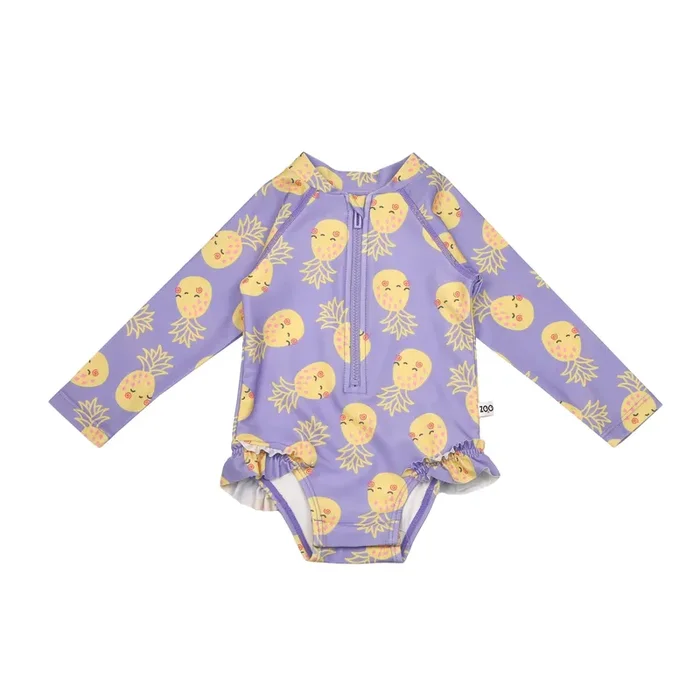 Baby/toddler Girls Rash Guard One Piece Ruffled Swimsuit – Pineapple **pre-order (orders Will Ship In Full Early March ’25)**