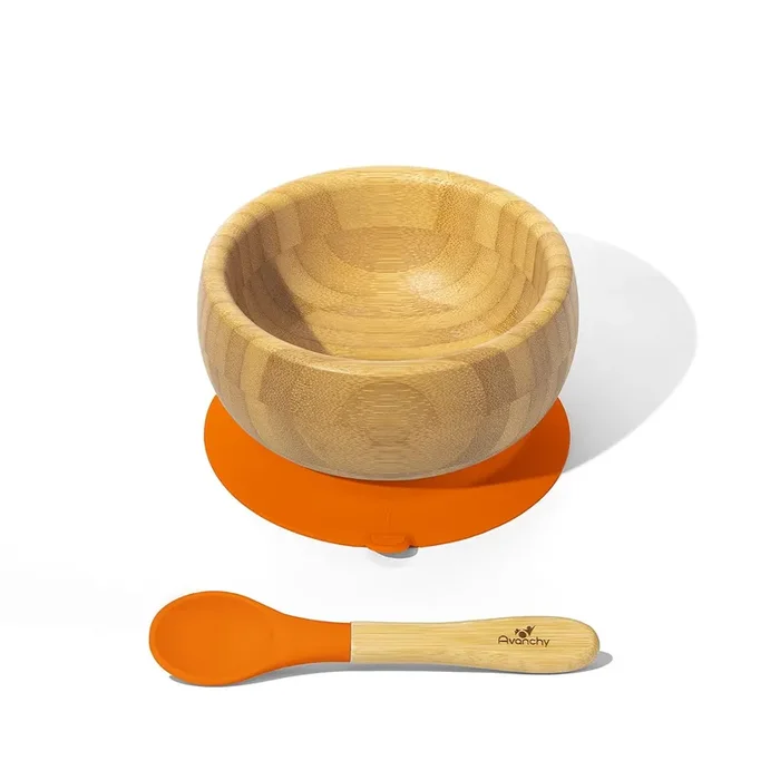 Bamboo & Silicone Baby Suction Bowl + Spoon – orange