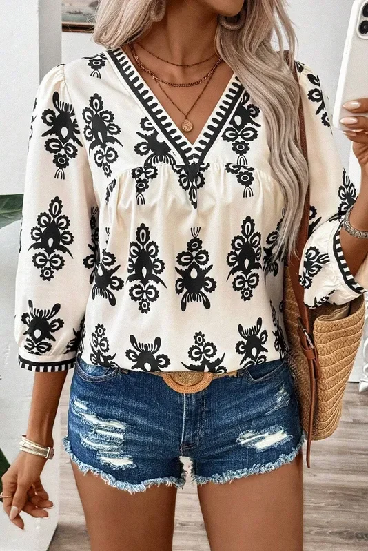 Beige Black Detail Quarter Sleeve Blouse