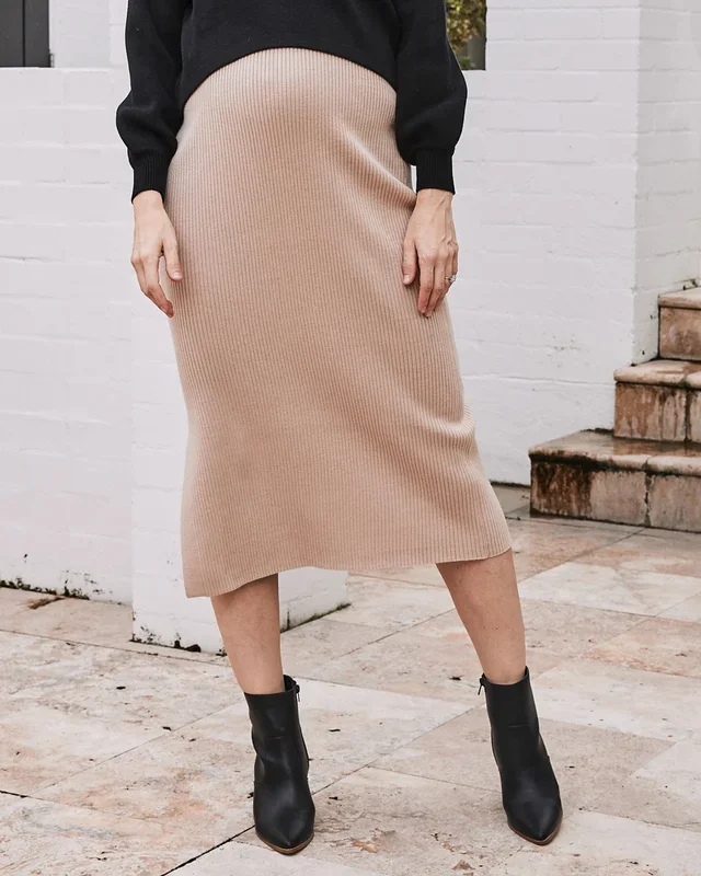 Betina Blend Knit Maternity Side Split Skirt – Beige