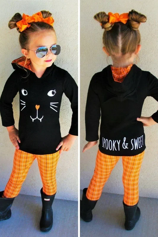 Black Cat Orange Plaid Hoodie Set