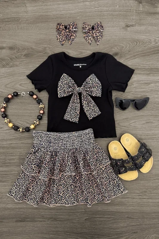 Black Cheetah Print Ruffle Skirt Set