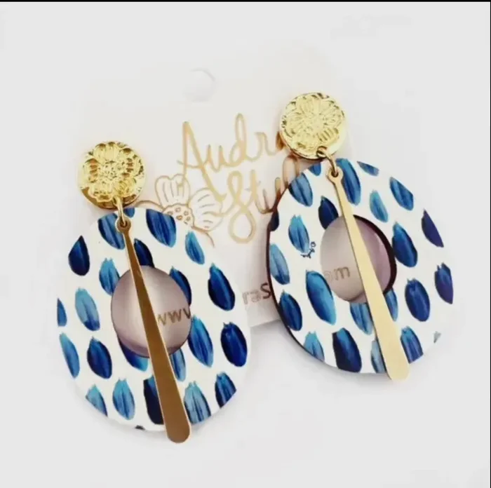 Blue and White Oval Statement Earring